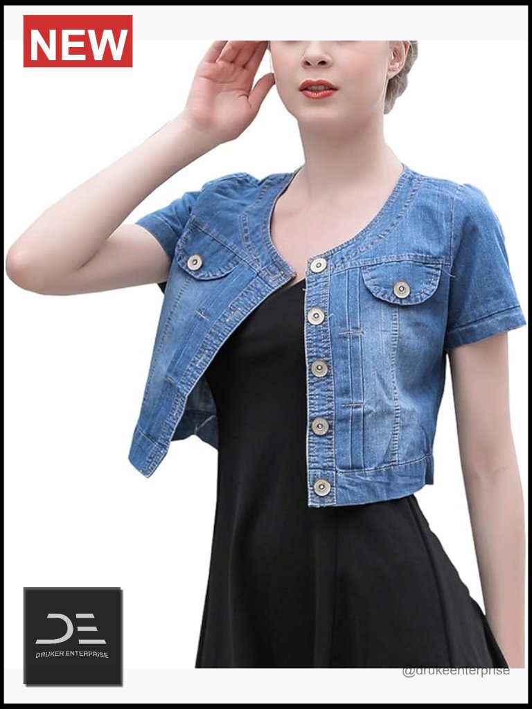 Short Sleeve Denim Jacket Crew Neck Jean Coat Top
